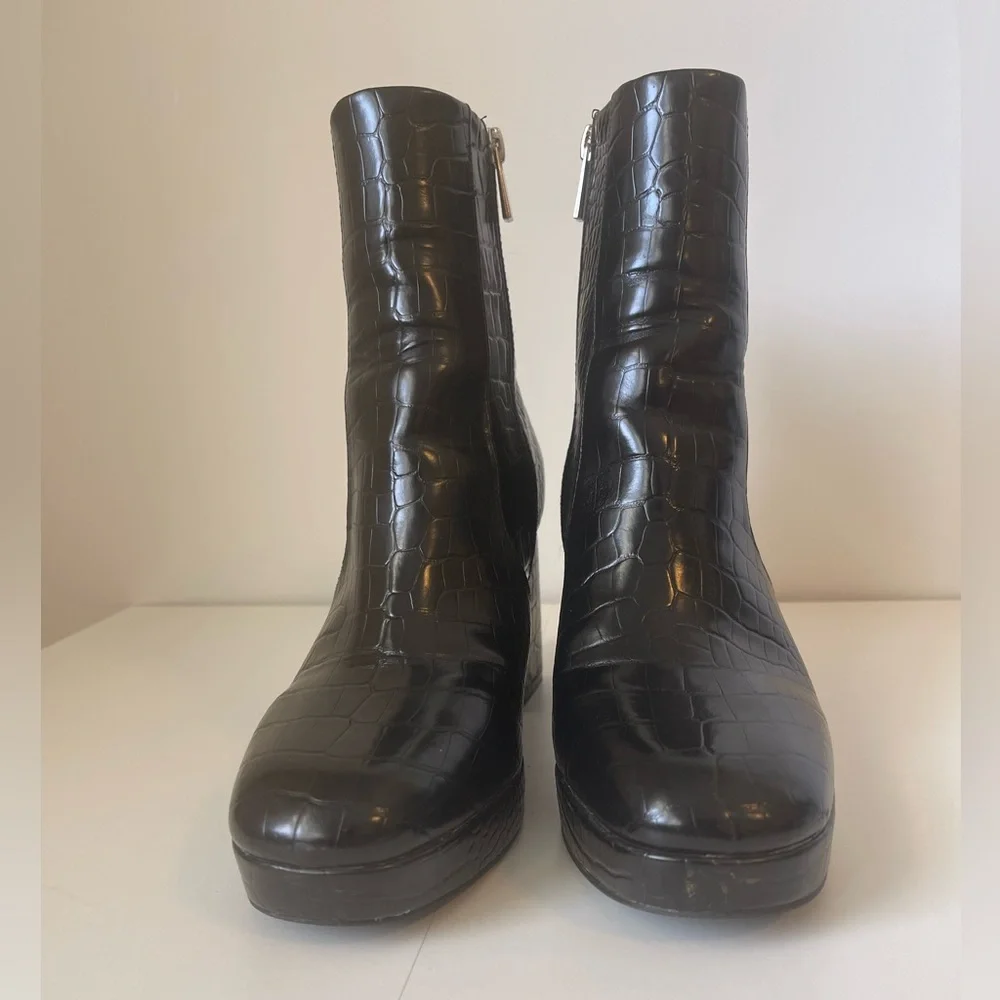 ASOS Faux Leather Black Croc Platform Heeled Ankle Boots 40